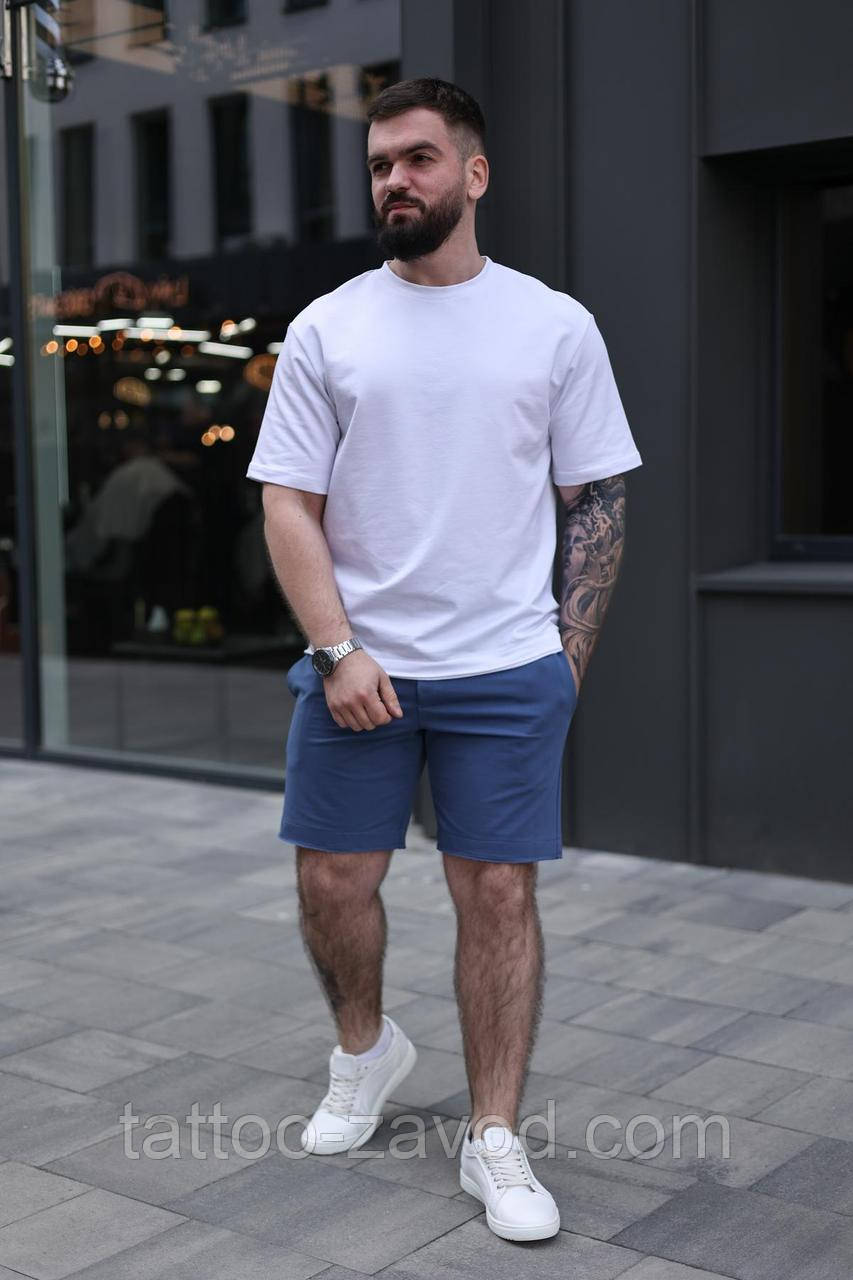 Летний костюм мужской футболка и шорты S M L XL XXL 3XL Комплект чоловiчий «Breeze» футболка біла + шорти сині, фото 1