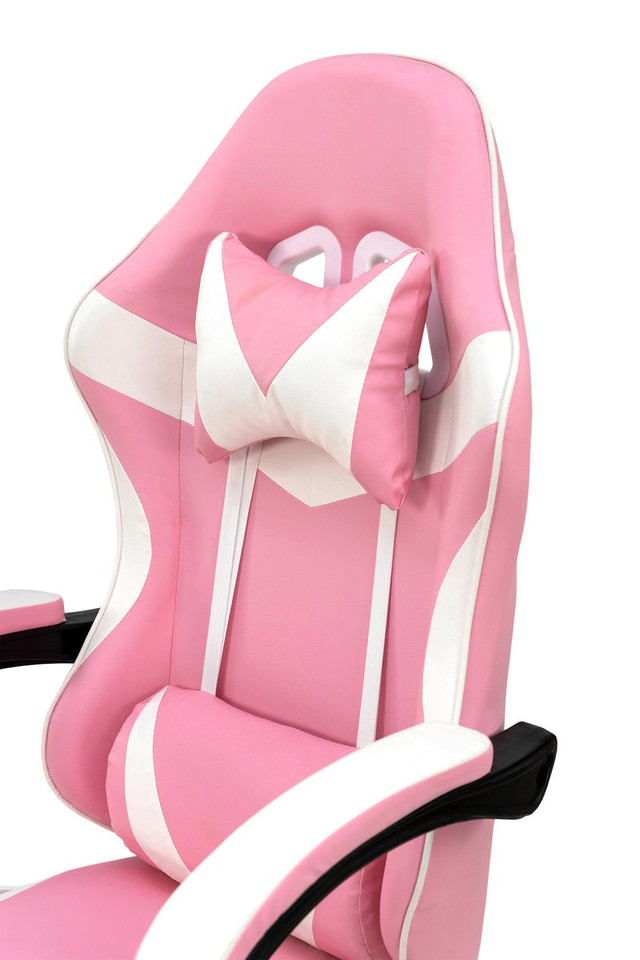 Розовое геймерское кресло с белыми вставками и высокой спинкой Геймерское кресло розового цвета с белыми вставками, высокая спинка, подлокотники, экокожа