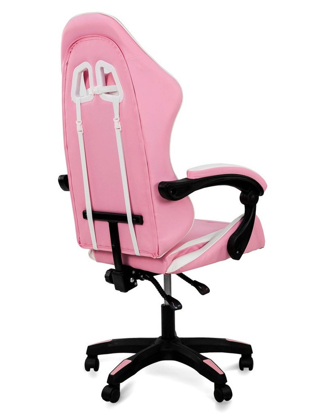 Розовое геймерское кресло с белыми вставками и высокой спинкой Геймерское кресло розового цвета с белыми вставками, высокая спинка, подлокотники, экокожа