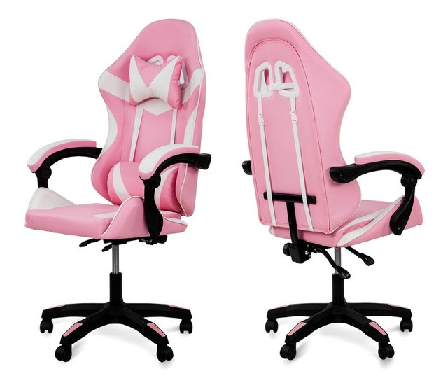 Розовое геймерское кресло с белыми вставками и высокой спинкой Геймерское кресло розового цвета с белыми вставками, высокая спинка, подлокотники, экокожа