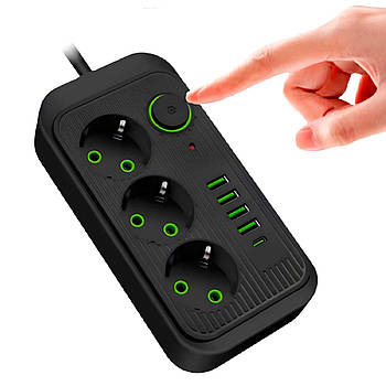 Мережевий фільтр-подовжувач 5м (3×220В+4×USB+Type-C) Тк-4, Чорний / Мережевий подовжувач / Електричний подовжувач