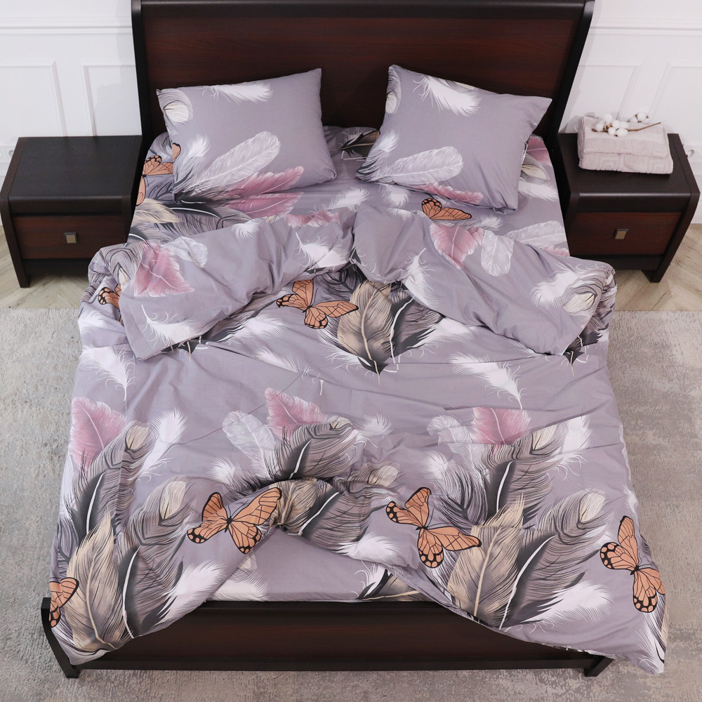 Стильний модний Євро максі комплект постільної білизни 200*220 бязь Gold з пір'ям та метеликами, Черешенька™