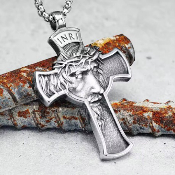 Чоловічий кулон підвіска з ланцюжком INRI на шию з медичної сталі під срібло з Хрестом