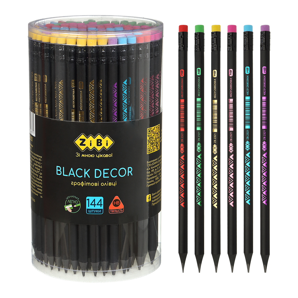 Олівець графітовий HB BLACK DECOR пластиковий тригранний з гумкою туба 144 шт.