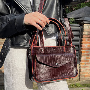 Жіноча сумка Емілі з натуральної шкіри колір темна Вишня, тиснення крококдил