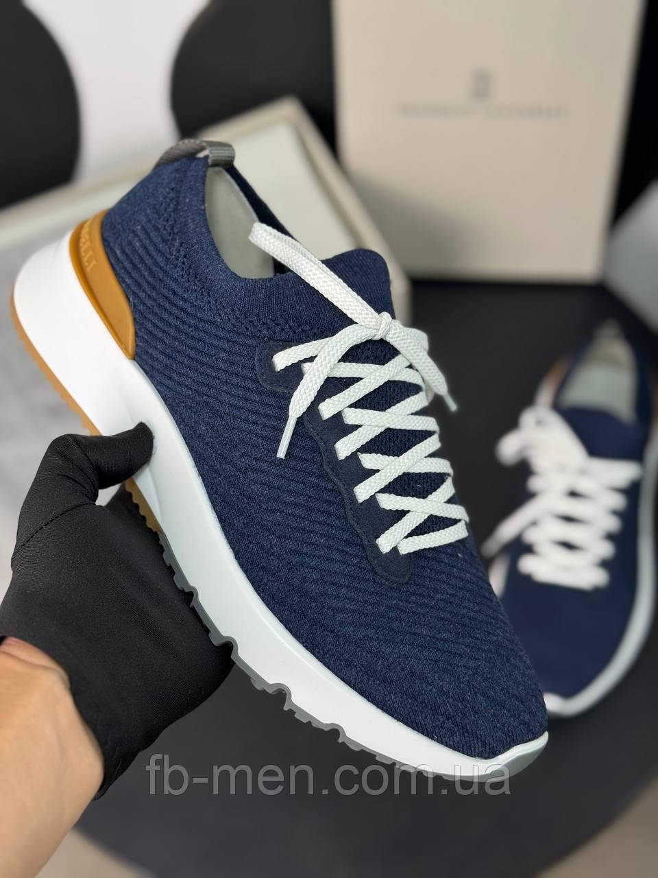 Кросівки чоловічі темно-сині натуральний текстиль і шкіра, фото 1