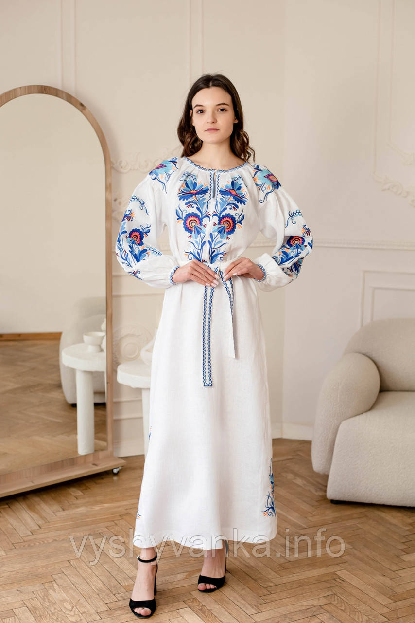 Довга біла лляна сукня «Розмай» з поясом, арт. 4679
