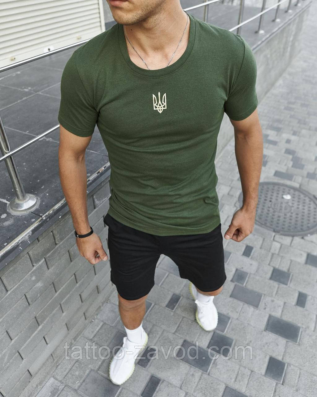 Футболка мужская с лого S M L XL XXL 3XL Футболка чоловіча "Тризуб" хакі, фото 1