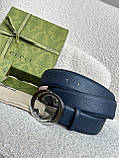 Ремінь шкіряний чоловічий темно-синій зі сріблястою пряжкою преміум'якість, фото 4