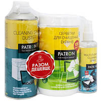 Набір чистячий Patron: спрей для оргтехніки 100мл, серветки в тубі 100шт, стиснене повітря 400мл CS-PN-BUNDL-3