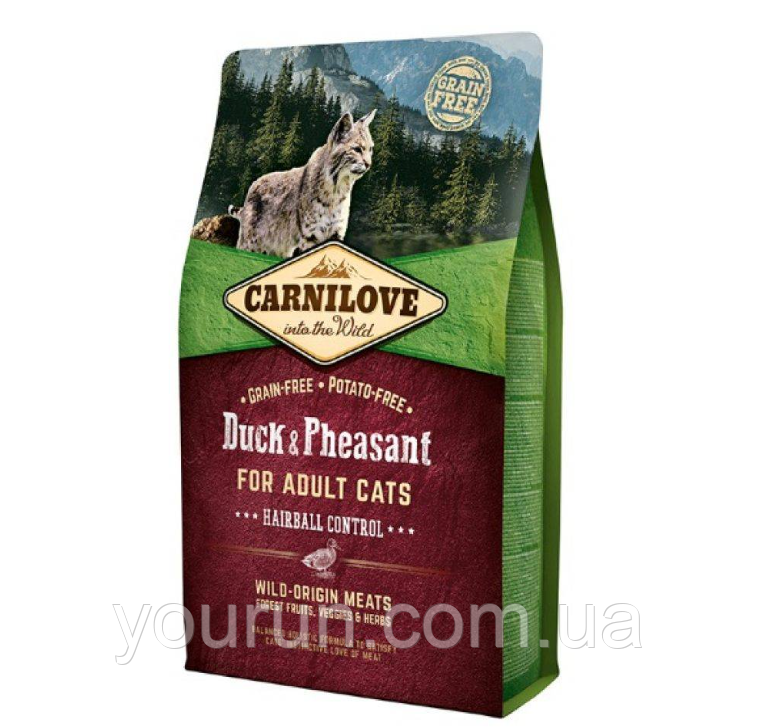 Carnilove Cat Duck & Pheasant Hairball Control з качкою і фазаном для виведення грудок шерсті 6кг, фото 1