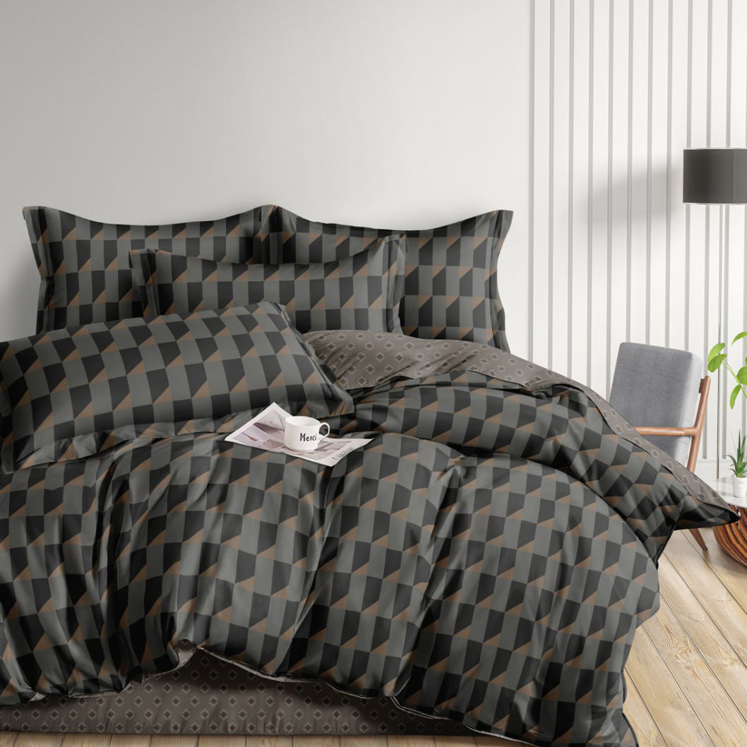 Постільна білизна Королева Ночі (Сатин) | Полуторний комплект | 50х70 | Геометричний візерунок на сірому, фото 1