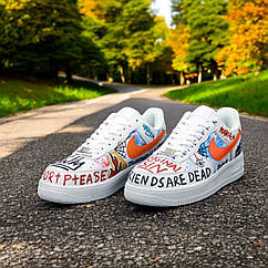 Молодіжні шкіряні кросівки Nike air force низькі білі кеди з малюнком та написами унісекс