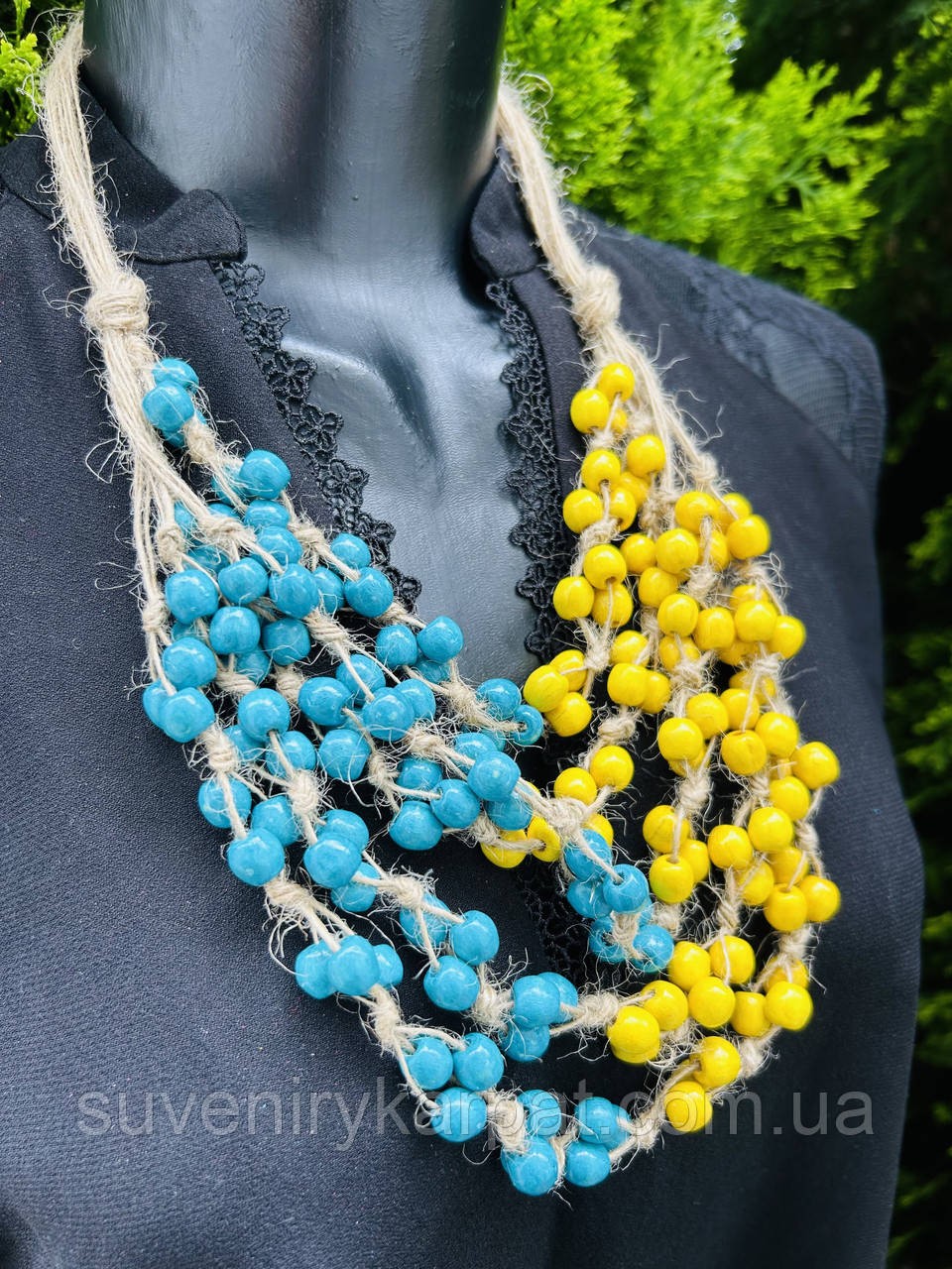 Набір прикрас з дерева в національному стилі намисто+браслет блакитно-жовте, фото 1