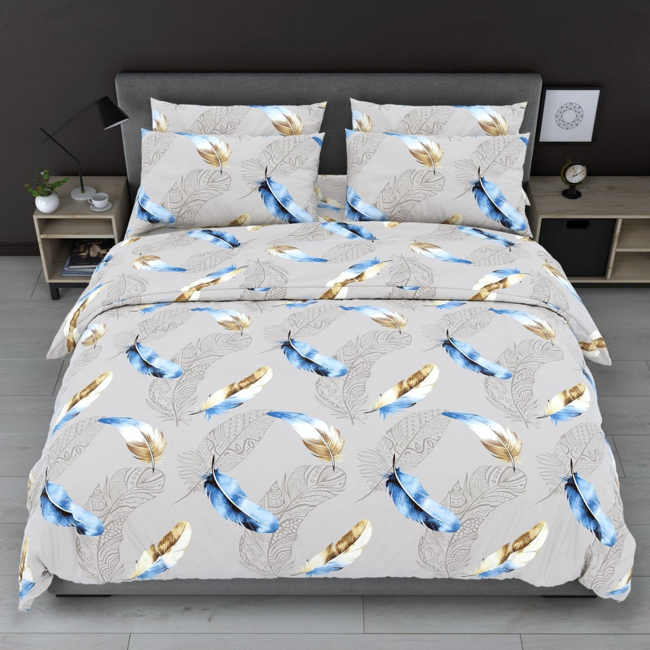 Підковдра на блискавці 145х215 (Бязь) | Полуторна підковдра від виробника "Королева Ночі" | Пір`я на сірому, фото 1