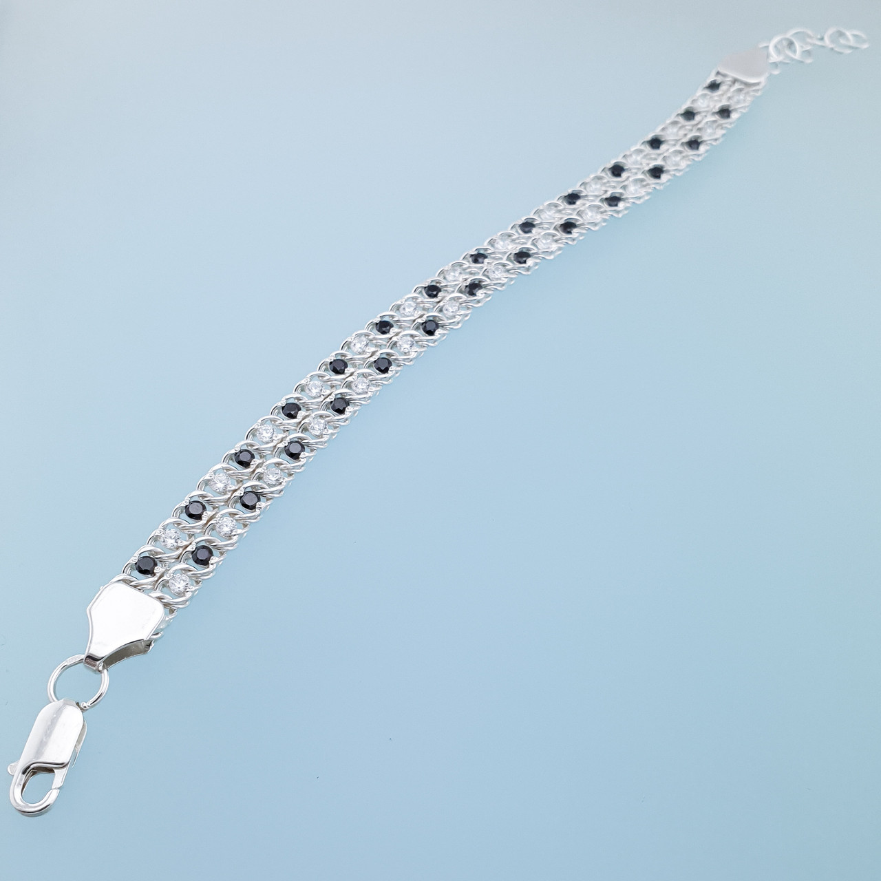 Жіночий срібний браслет подвійний арабський бісмарк з камінцями. регульований 17 - 20 см. Чорно білі камні, фото 1