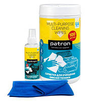 Набір чистячий Patron для оргтехніки: серветки в тубі (100 шт), спрей 100 мл, серветка із мікрофібри 30x30 см