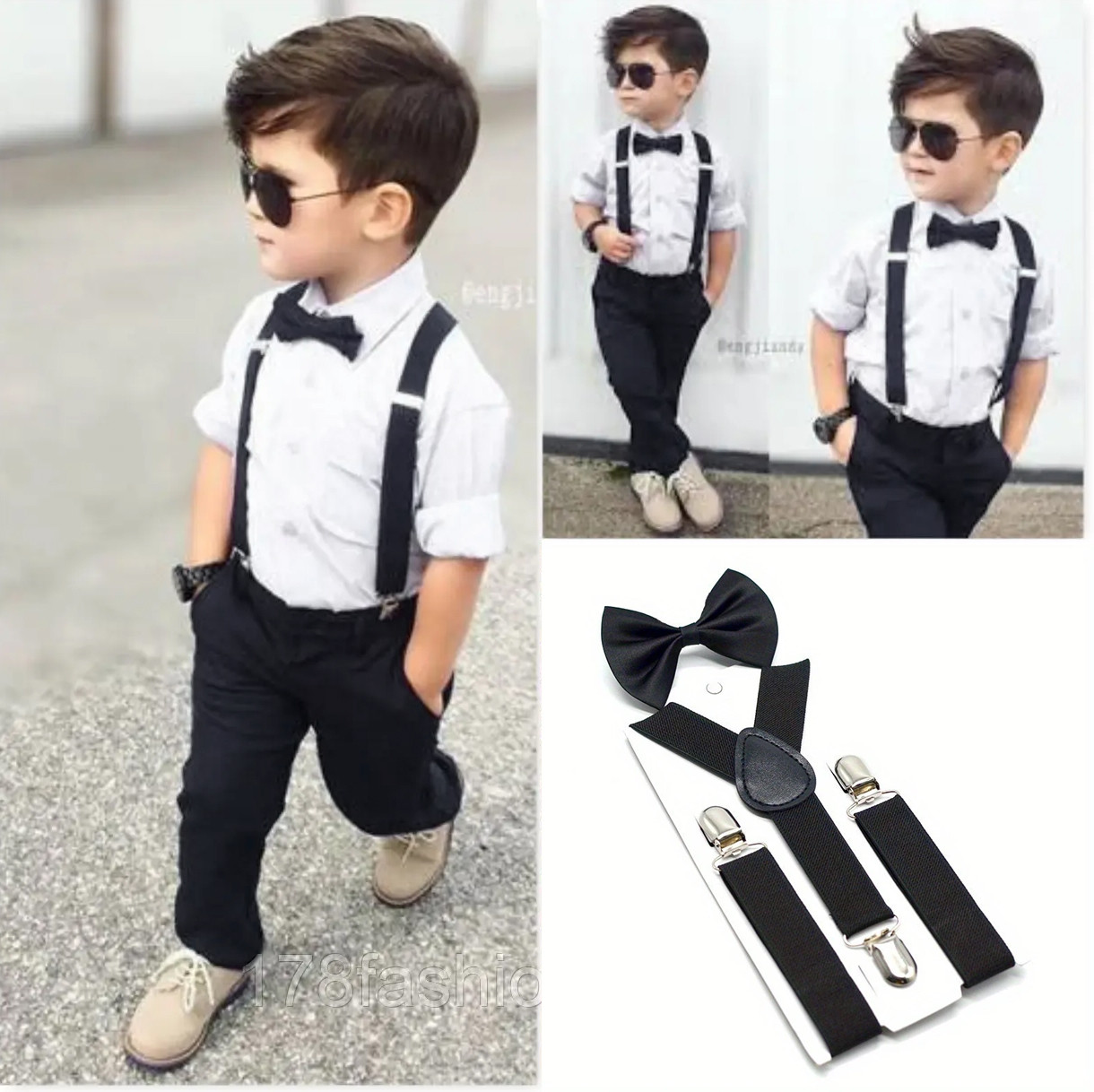 Детский комплект Подтяжки + Бабочка. Черные подтяжки с бабочкой, фото 1