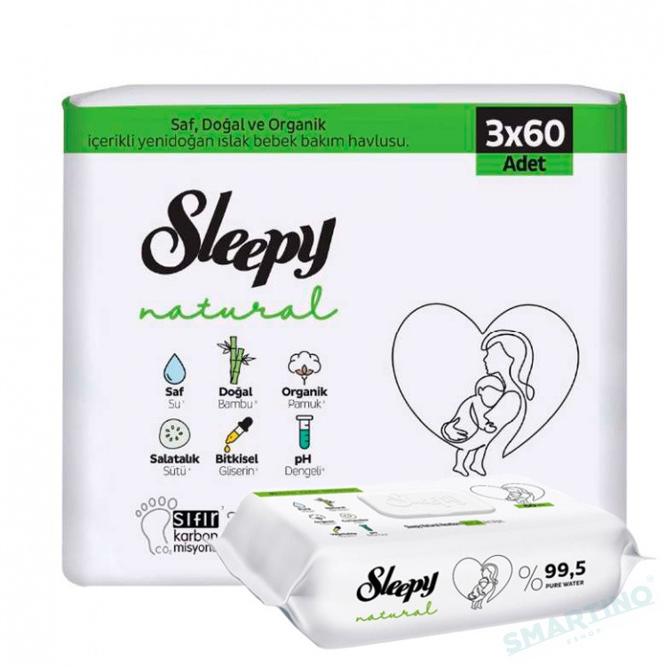 Серветка волога SLEEPY Naturel Baby для дітей №60 клапан. Набір 3 пачки