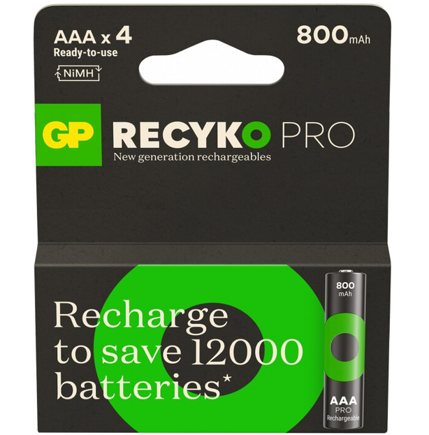 Акумулятор GP Recyko Pro 800mAh Eco, Ni-MH AAA, 1.2V, 2.4A, LSD70-5, коробка 4 шт., фото 1