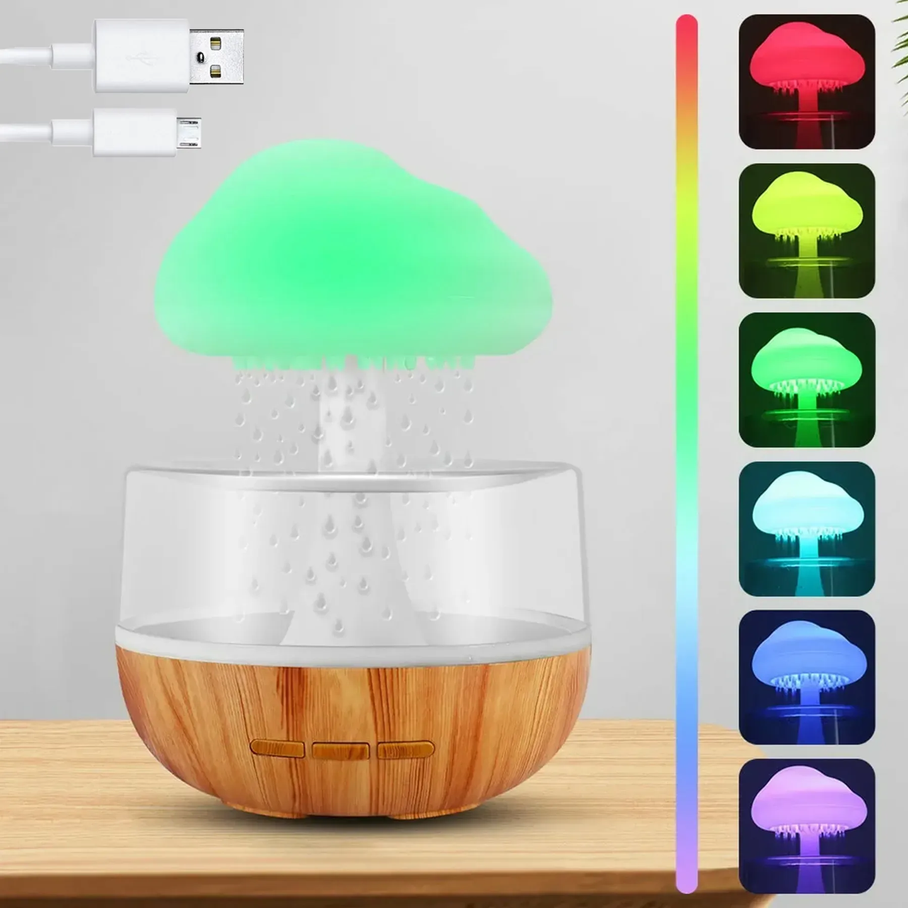 Зволожувач повітря Гриб з ефектом дощу та RGB-підсвіткою, від USB/Ароматувальний нічник, фото 1