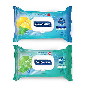 Вологі серветки антибактеріальні Freshmaker Antibacterial з клапаном 120 штуки