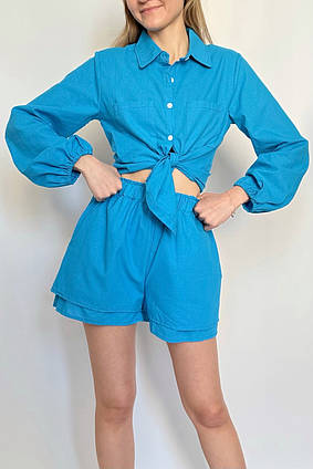 Жіночий лляний костюм сорочка та шорти 40-42 Linen Meoexin синій