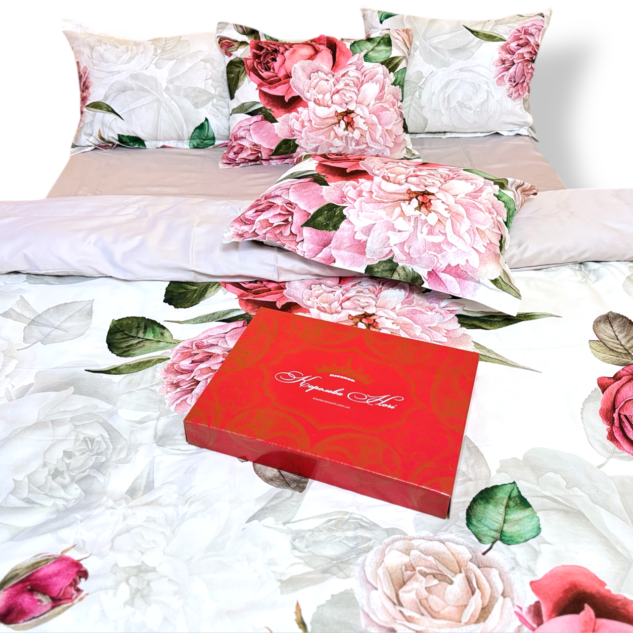 Наволочка на блискавці 70х70 (Сатин Premium) | Від виробника "Королева Ночі" | Квіти на білому та сірому, фото 1