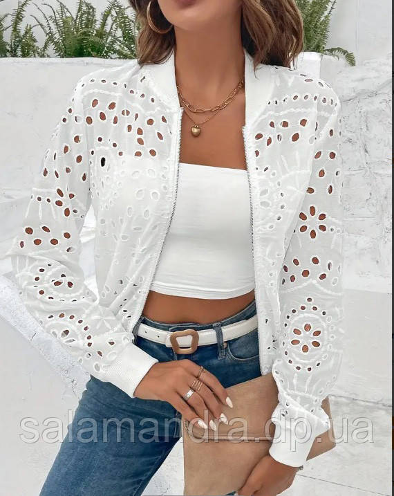 Біла куртка на блискавці, кофта блуза літня бавовна прошва 48-50 р, фото 1