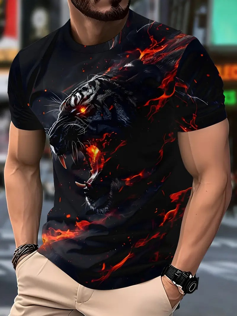 Чоловіча футболка 3D принт Чорний тигр з палаючими очима термо дихаюча M 50 LuxAurum044, фото 1