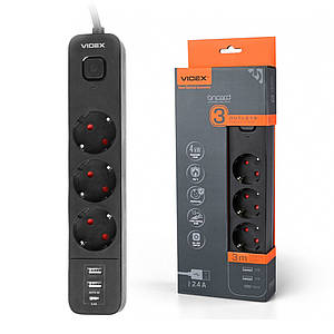 Мережевий подовжувач Videx Oncord 3 розетки + 2xUSB + 1xTypeC (3м) з кнопкою