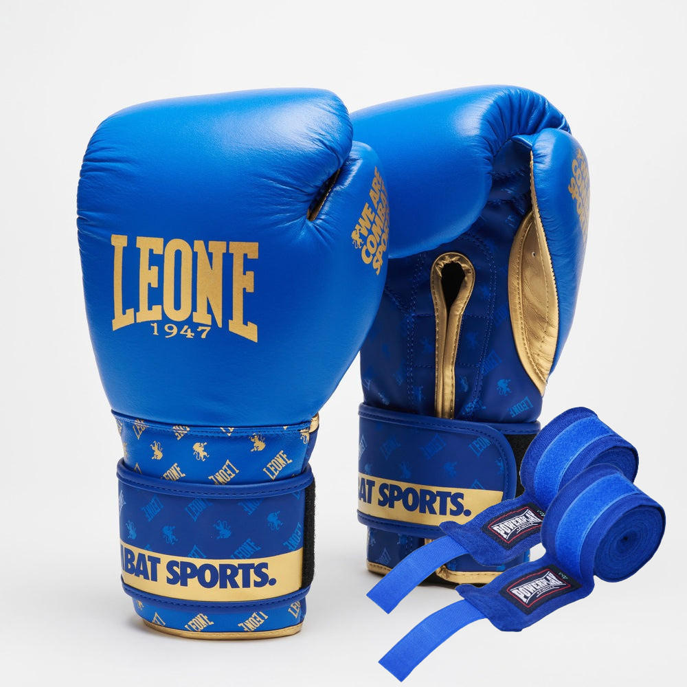 Боксерські рукавиці Leone GN220 DNA Blue 16 унцій (бинти 4 м. в комплекті), фото 1
