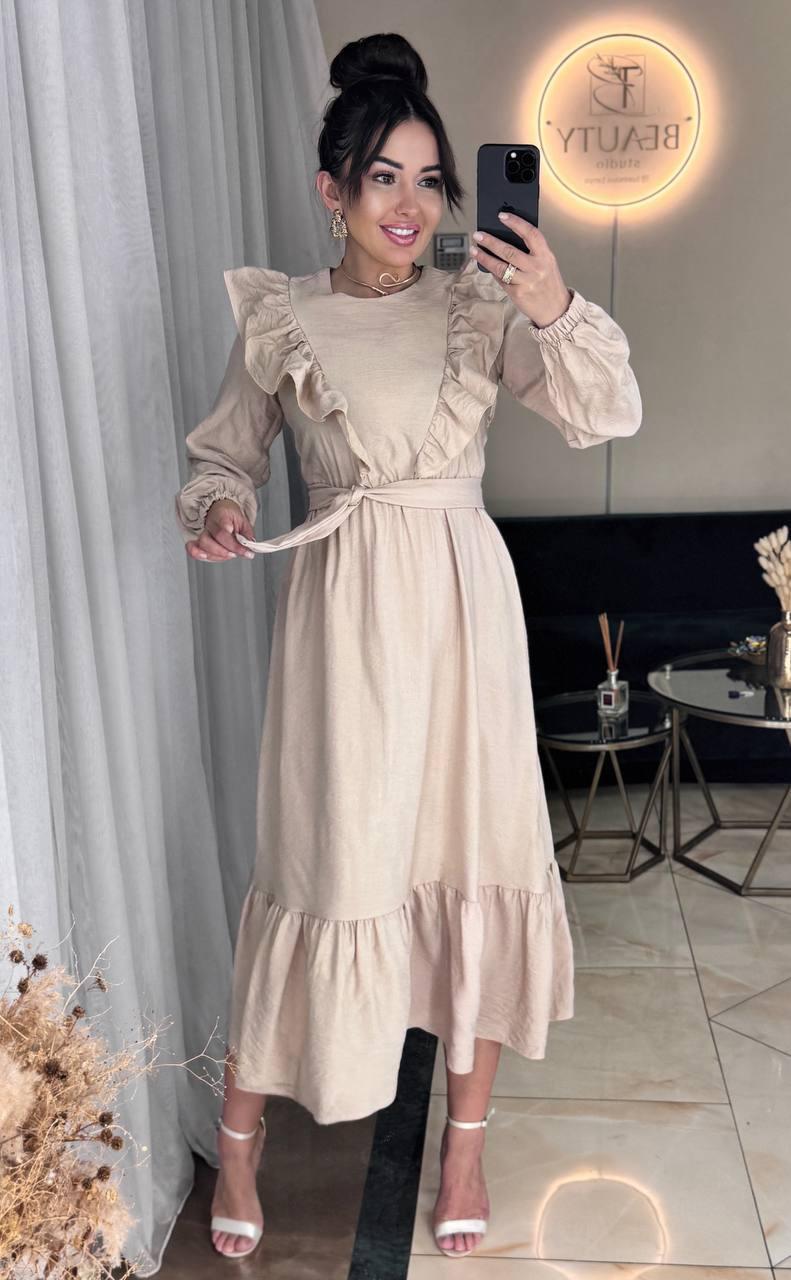 Жіноча міді сукня з льону жатки з рюшами, фото 1