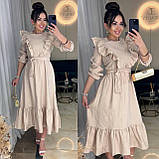 Жіноча міді сукня з льону жатки з рюшами, фото 5