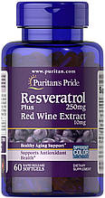 Ресвератрол, Resveratrol, Puritan's Pride, 250 мг, з екстрактом червоного вина, 60 гелевих капсул