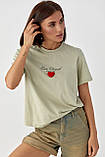 Базова жіноча футболка з написами хакі модна турецька футболка бавовна з об'ємним серцем, фото 6
