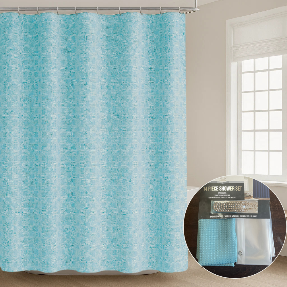Набір шторка для ванної та душу з підкладкою, подвійна 178x183 см, штора для ванної з гачками, візерунок бірюзовий, фото 1