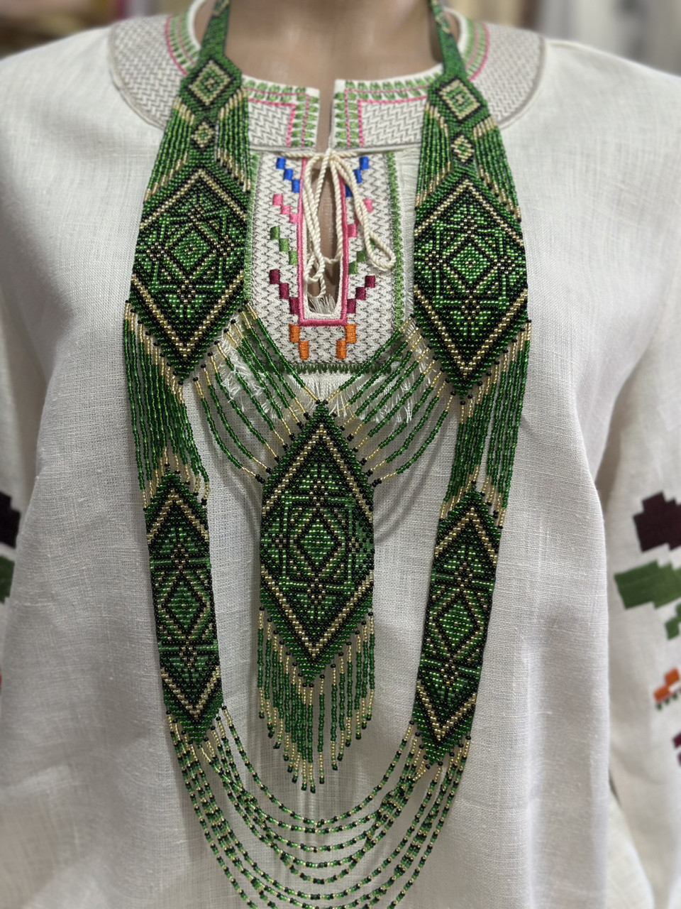 Гердан жіноча прикраса бісер зелений український ручної роботи, фото 1