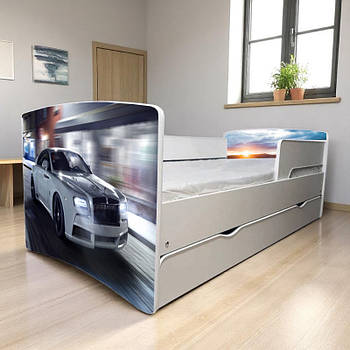 Ліжко для хлопчика Роллс-Ройс з шухлядою на ламелях + захисний бортик
