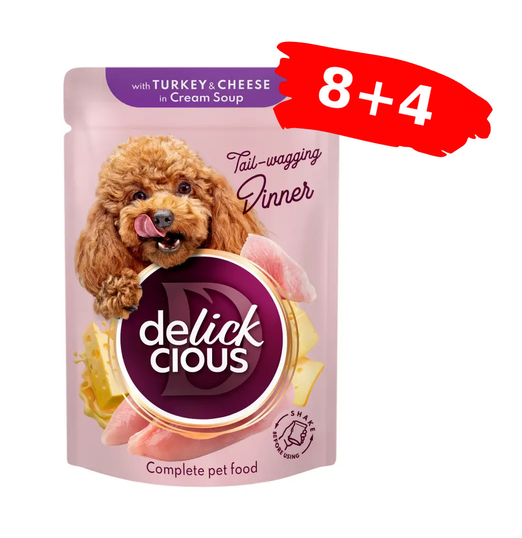 Вологий корм для дорослих собак Delickcious смужки з індичкою та сиром в крем-супі, Акція 8+4 (12 шт × 85 г)