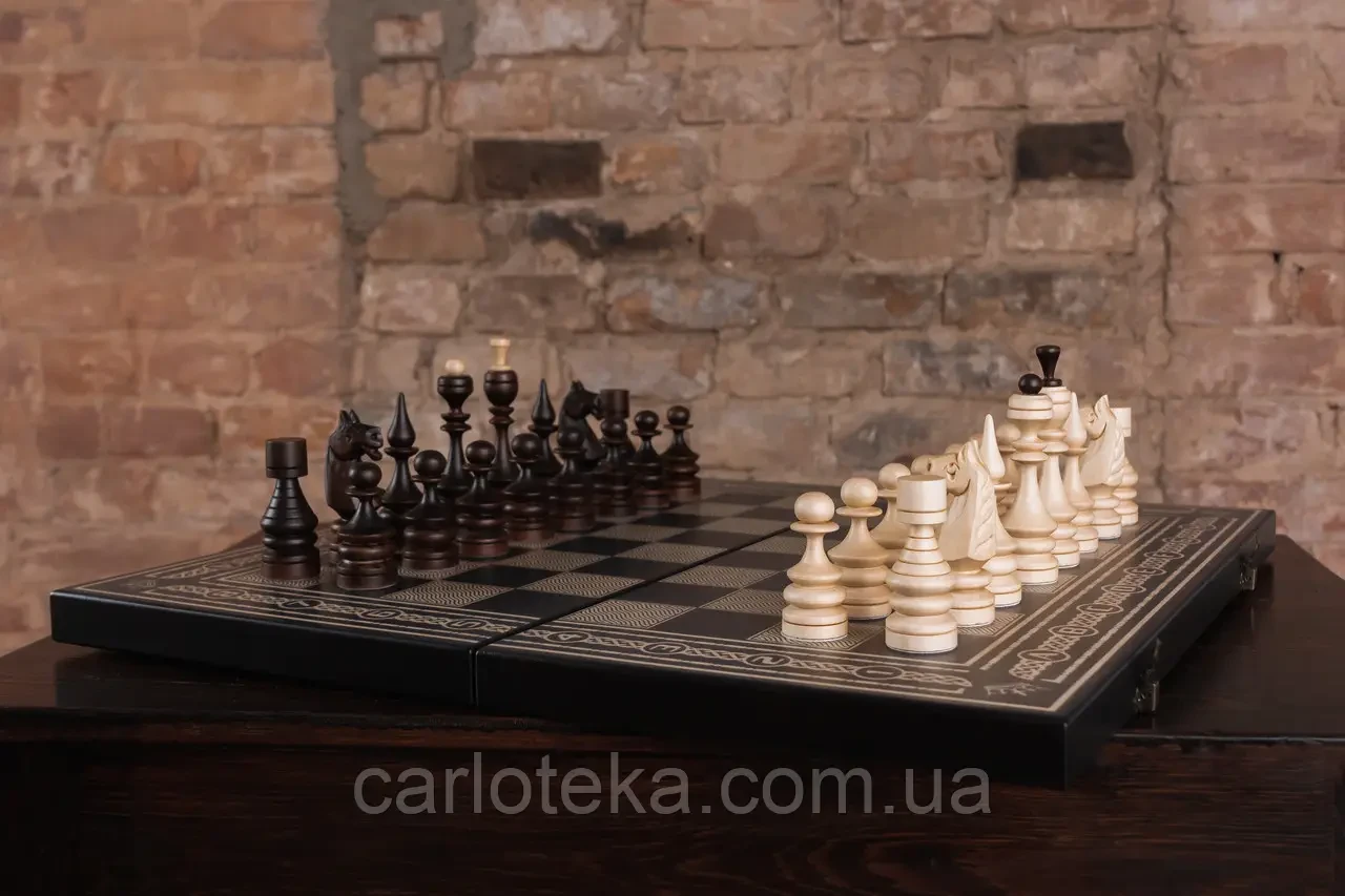 Дерев’яні шахи 3в1, класичний набір, шахи–нарди–шашки, ручна робота Carloteka, фото 1