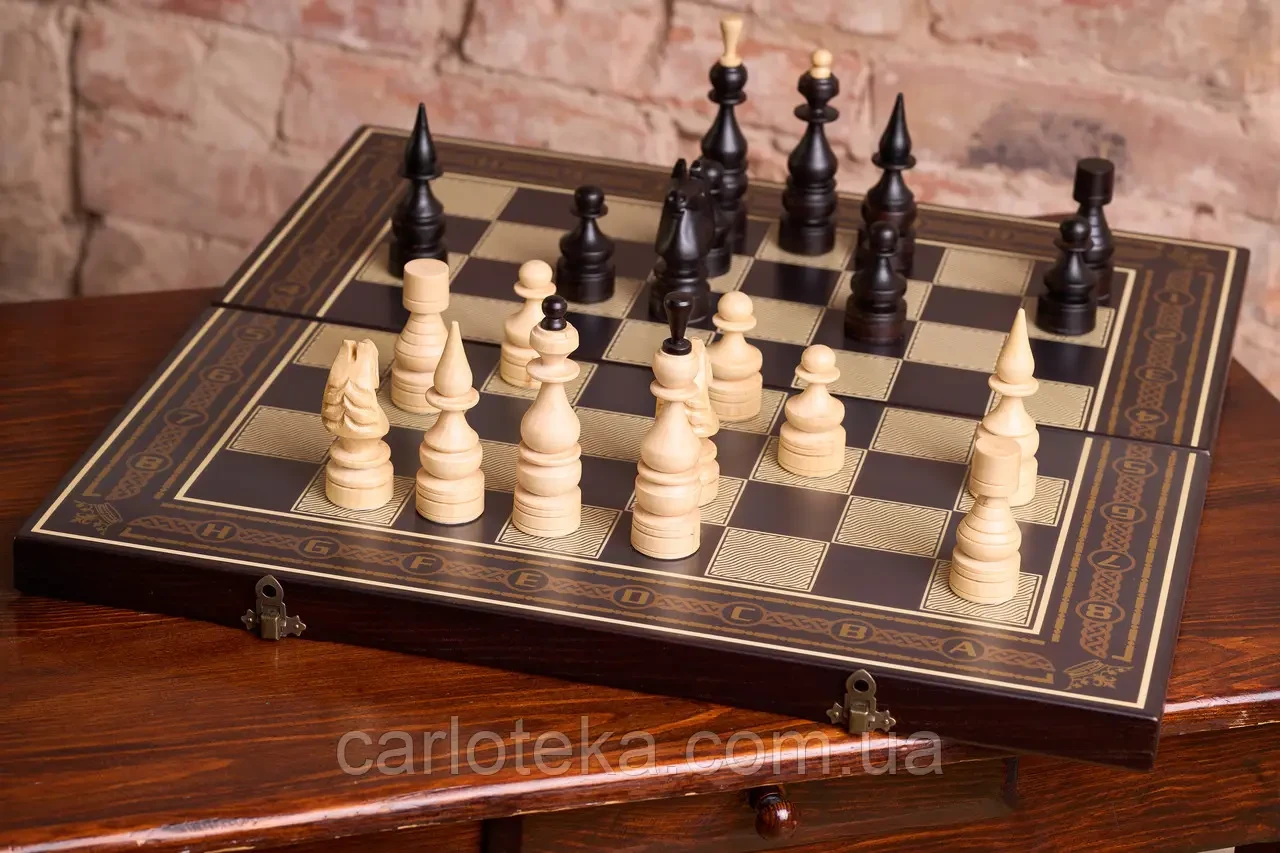 Дерев’яні шахи 3в1, ручна робота 50×50 см, подарунковий набір Carloteka, фото 1