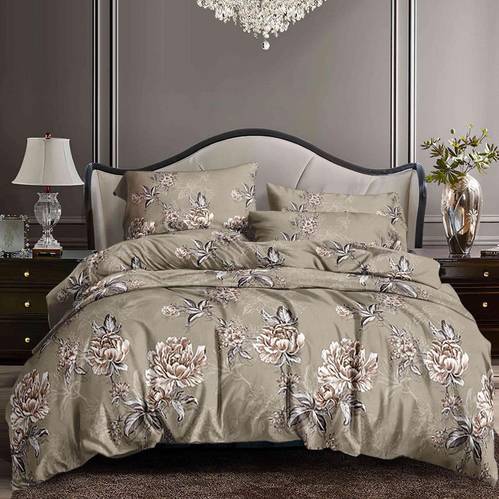 Бежева синтетична тканина 220 см для постільної білизни Поліестер 75 з квітами, у рулоні 60 м