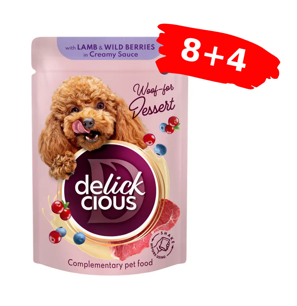 Вологий корм для дорослих собак Delickcious пластівці з ягнятиною та лісовими ягодами у вершковому соусі, Акция 8+4 (12 шт × 80 г)