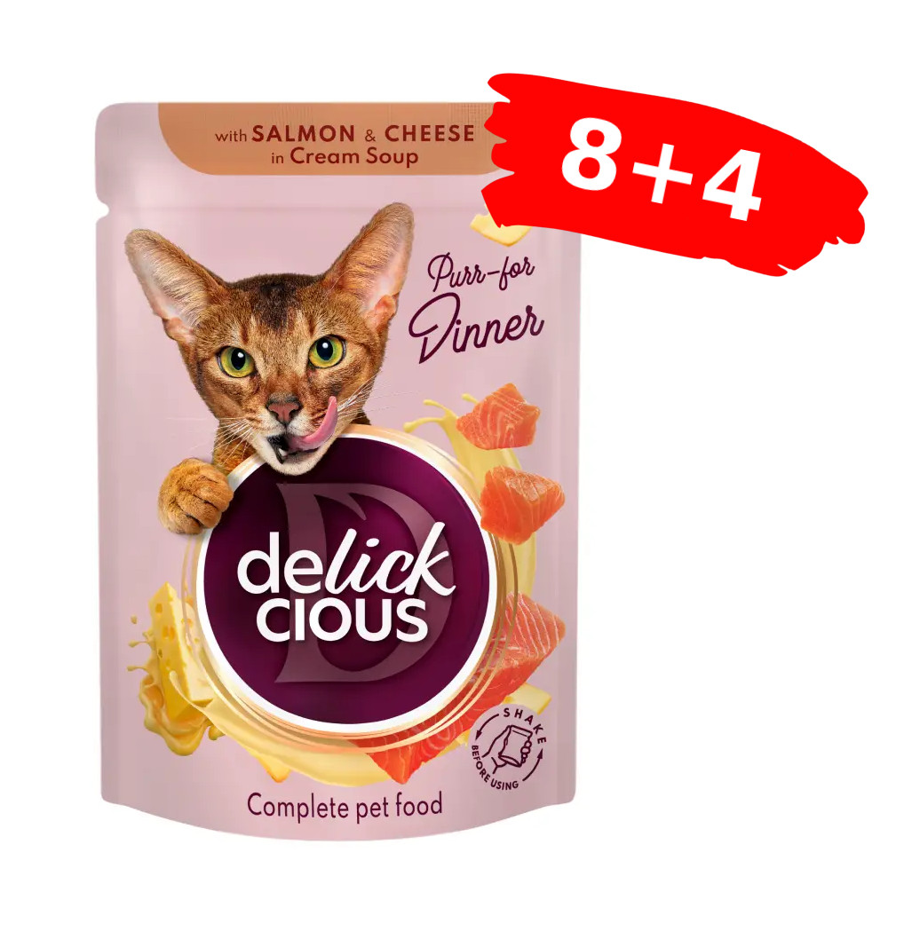 Вологий корм для дорослих котів Делікшес Delickcious смужки з лососем та сиром в крем-супі, Акція 8+4 (12 шт × 85 г)