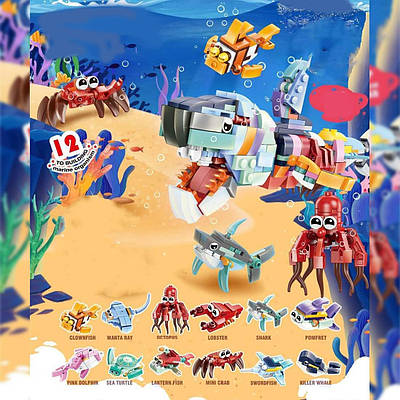 Дитячий конструктор Адвент календар Тварини з ігровим полем 24 моделі для складання великої фігурки Слон акула