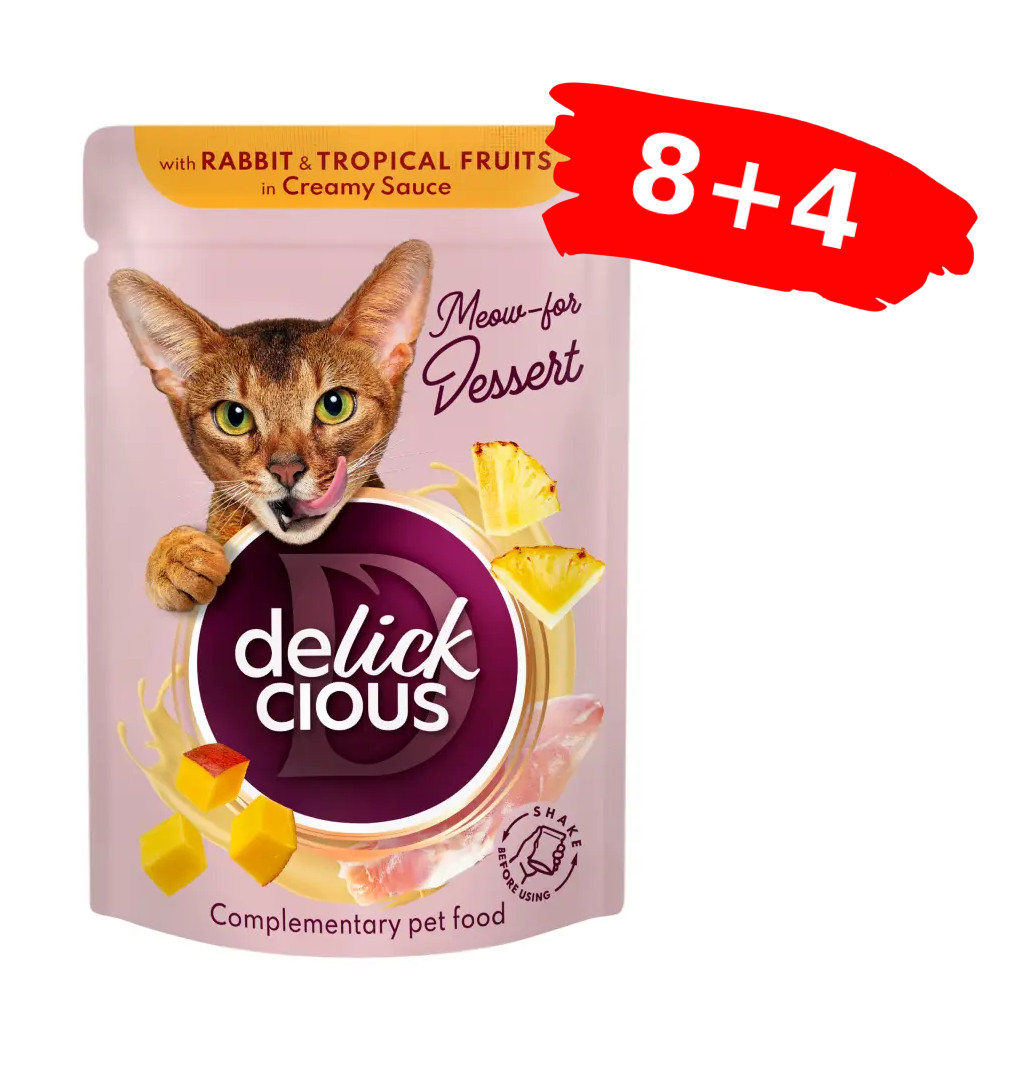 Вологий корм для котів Делікшес Delickcious пластівці з кроликом та тропічними фруктами у вершковому соусі, Акция 8+4 (12шт×80г)