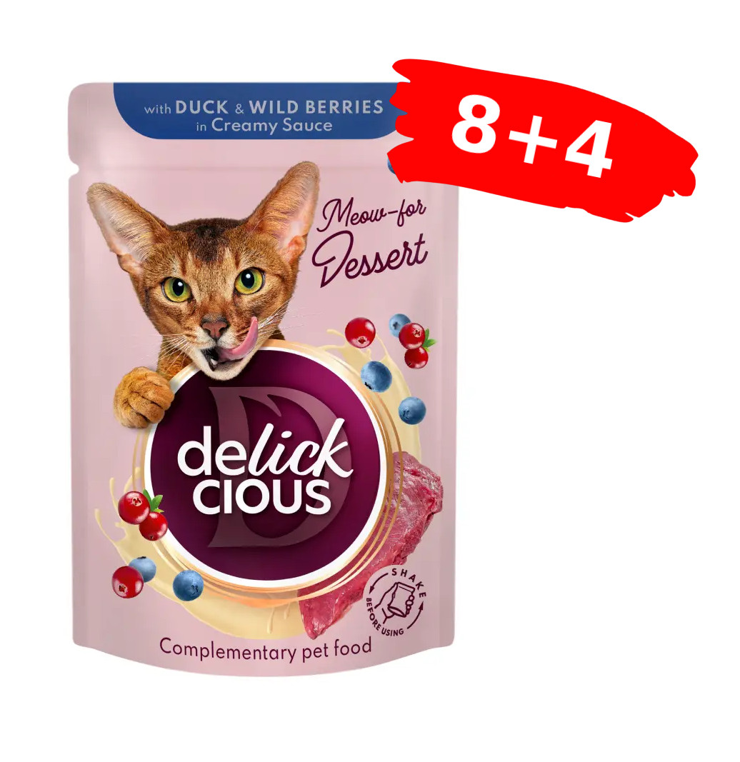 Вологий корм для котів Делікшес Delickcious пластівці з качкою та лісовими ягодами у вершковому соусі, Акція 8+4 (12 шт × 80 г)