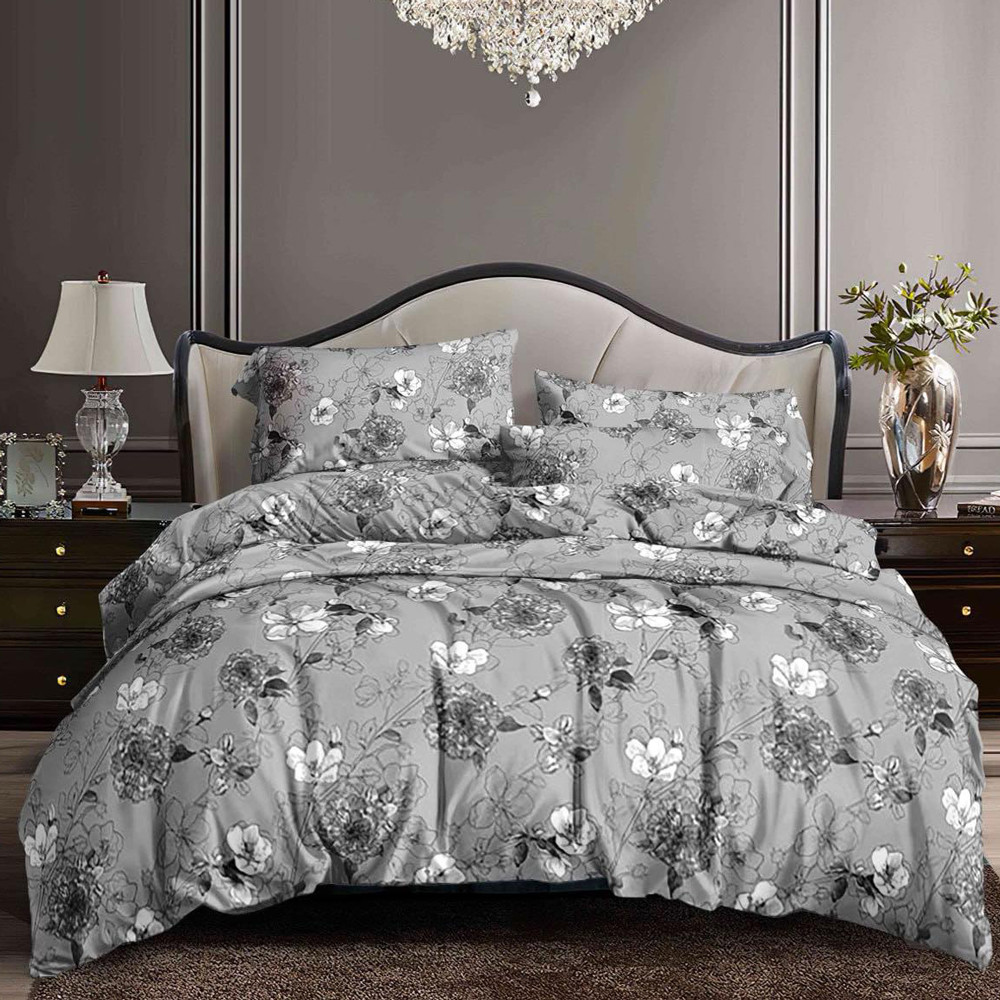 Сіра синтетична тканина 220 см для постільної білизни Поліестер 75 з квітковим принтом , у рулоні 60 м