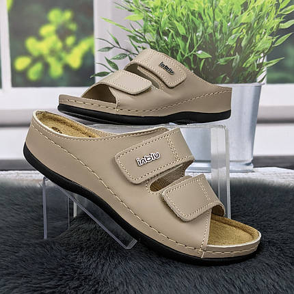 Шльопанці жіночі Inblu бежеві шкіряні на липучках на широку ногу 4461, фото 1